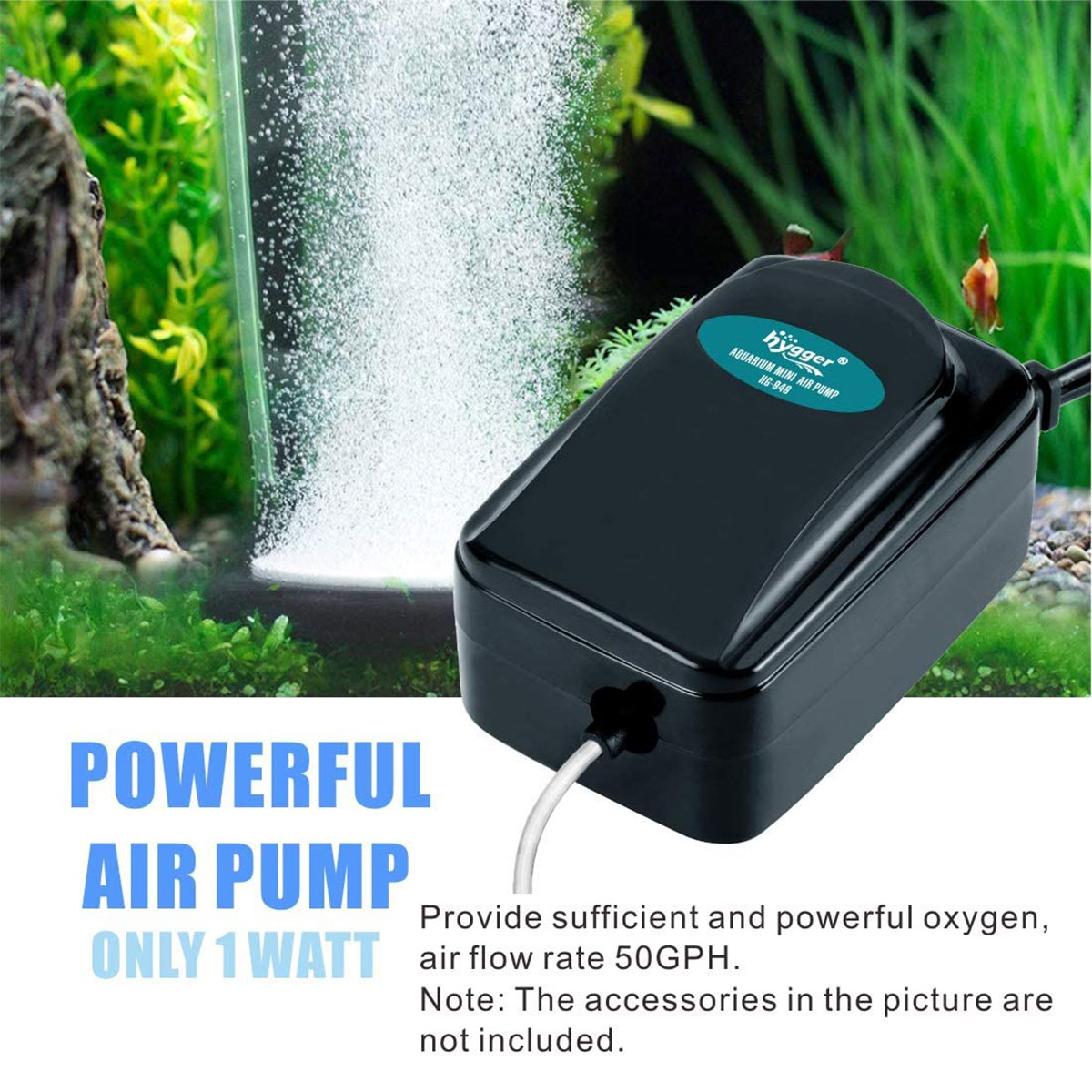  Hygger Quiet Mini Air Pump for Aquarium 1.5 Watt Oxygen Fish  Air Pump for 1-15 Gallon Fish Tank with Air Stone Air Tubing Clip Black :  Pet Supplies