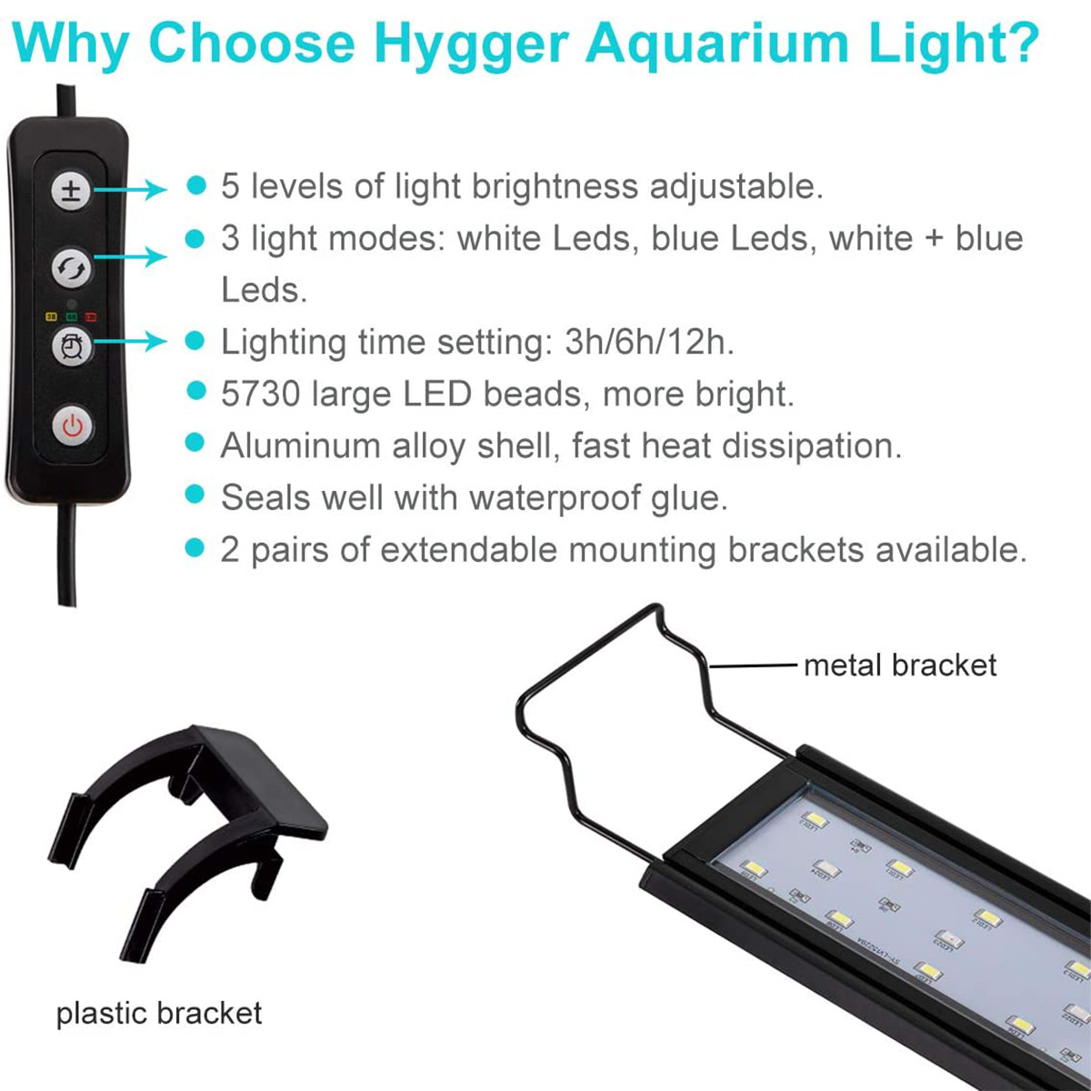 Hygger Full Spectrum Aquarium Light with Aluminum Alloy Shell Extendable Brackets for Freshwater Fish Tank External Controller White Blue Red LEDs 