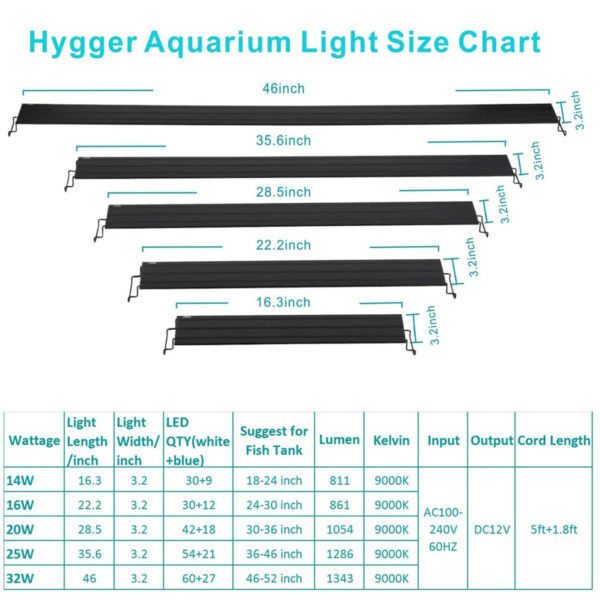 Adjustable Aquarium Light Size Chart