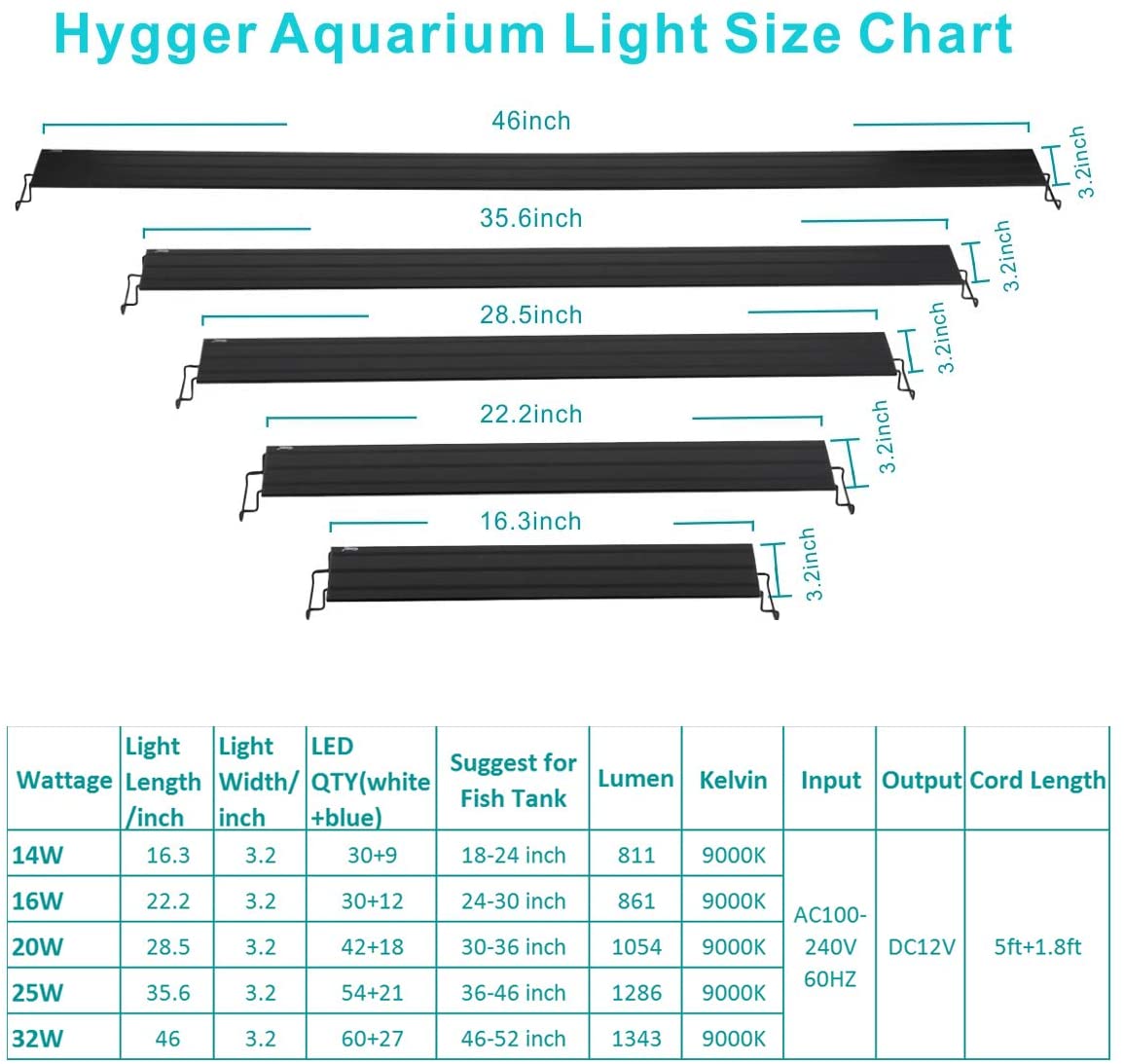 Hygger Adjustable Blue White LEDs Aquarium Light 3