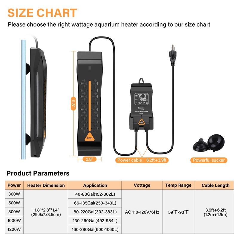 hygger 115 heater size chart