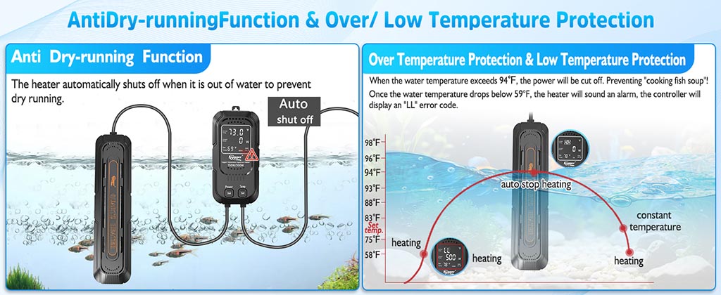 adjustable aquarium heater temp protection
