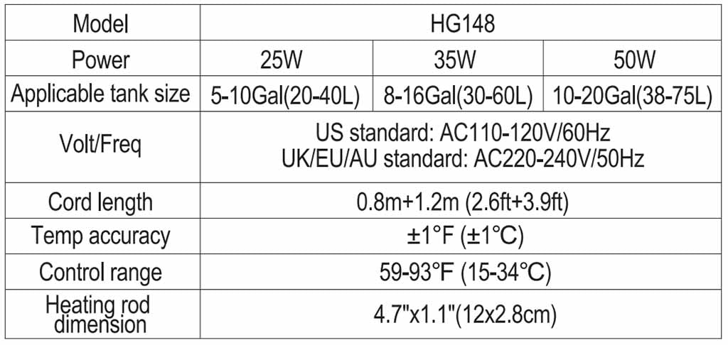 hygger 148 mini plus aquarium heater size