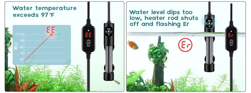 Controllable aquarium heater over heating protection 