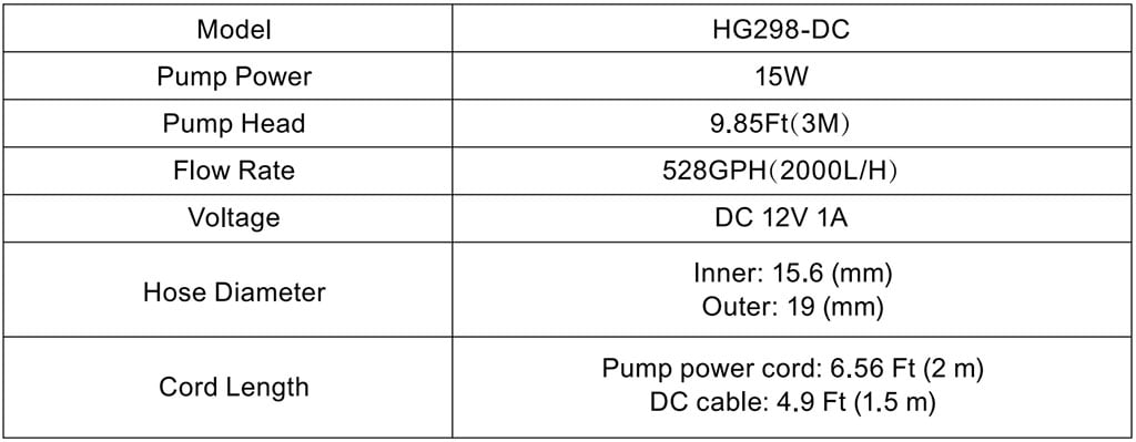 HG298 handheld water changer parameter