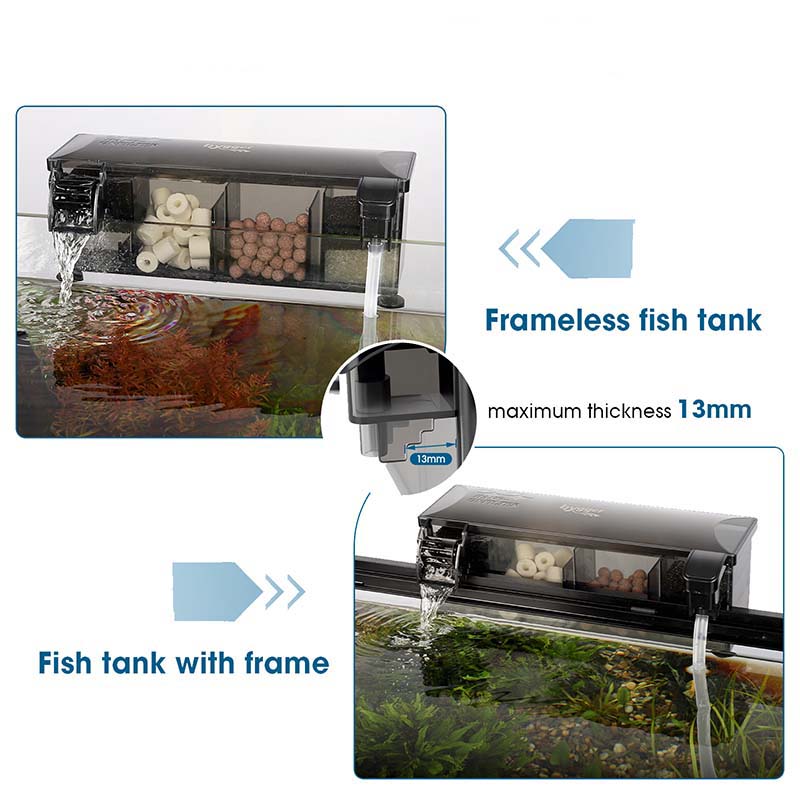 HOB for frameless and frame fish tanks